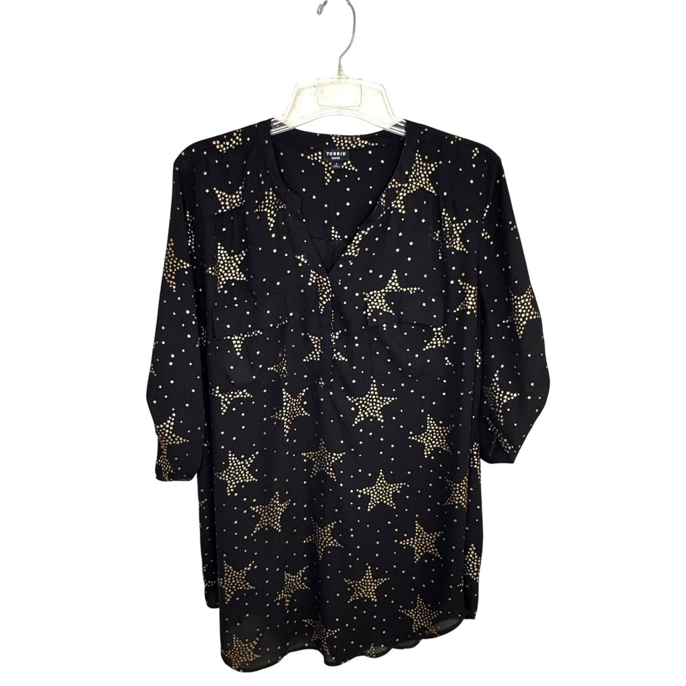 Torrid Harper Blouse Womens 2 Black Gold Foil Star Polyester Celestial Tunic Top